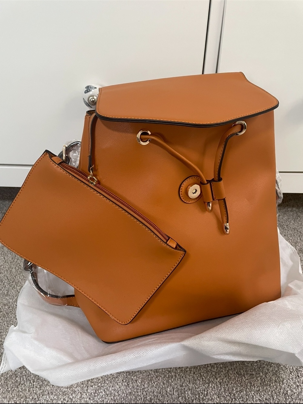 Brand new Women’s Tan Drawstring Backpack with Removable Pouch